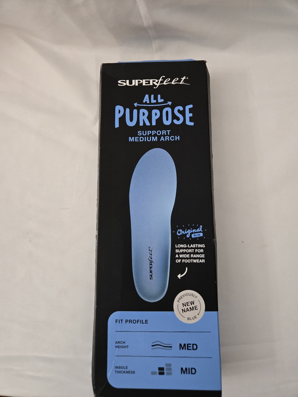 Superfeet All-Purpose Support Med Arch Blue Insoles Sz E Men9.5-11 Women 10.5-12